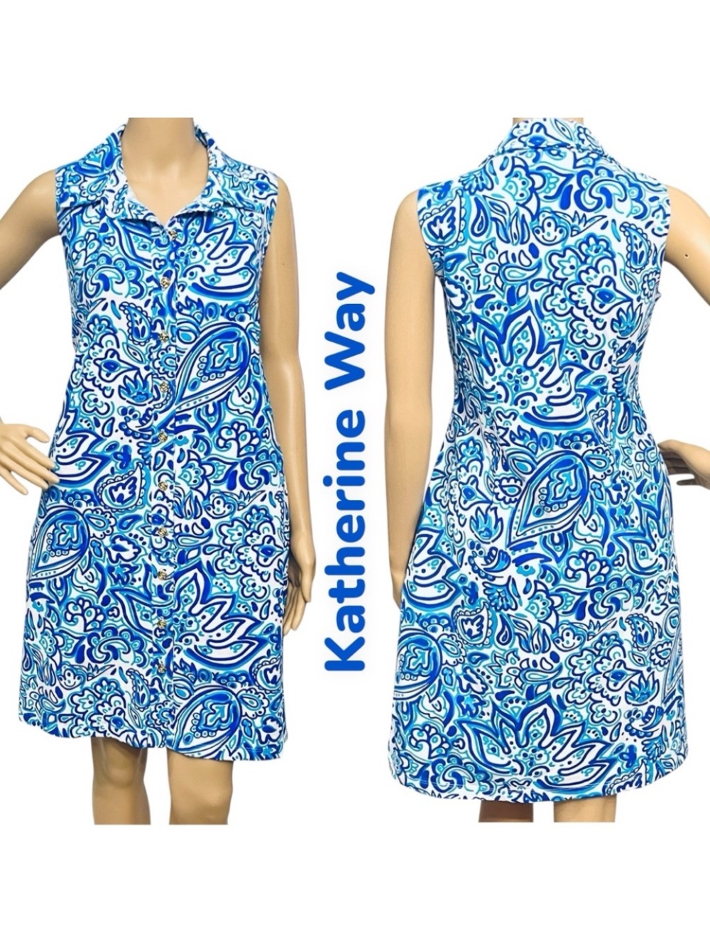 Katherine Way Dress Blue White Paisley Floral/Golf: Button Collar Made/US Sz XL